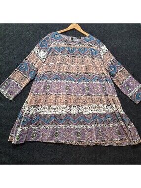 Vonda Printed Long Sleeve Tunic Dress  Rayon Geometric 5XL